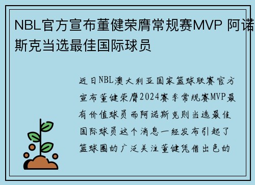 NBL官方宣布董健荣膺常规赛MVP 阿诺斯克当选最佳国际球员